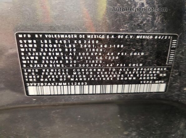 3VV2B7AX7MM112693 2021 VOLKSWAGEN TIGUAN Gray Սալոնի 360 աստիճան տեսք