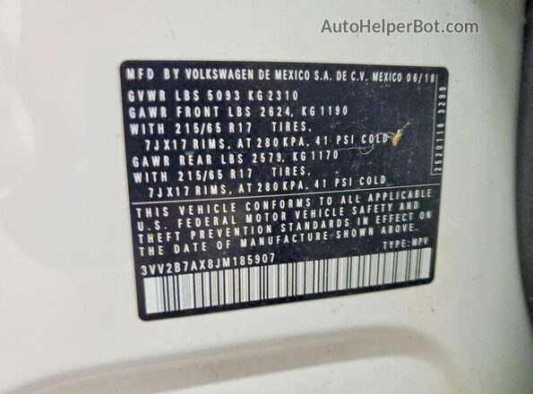 3VV2B7AX8JM185907 2018 VOLKSWAGEN TIGUAN Белый Вид наклейки с VIN-кодом