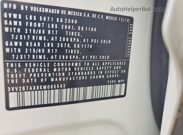 3VV2B7AX8KM065543 2019 VOLKSWAGEN TIGUAN White Widok naklejki z numerem VIN