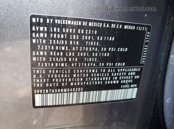 3VV2B7AX8NM049203 2022 VOLKSWAGEN TIGUAN Gray Engine compartment view