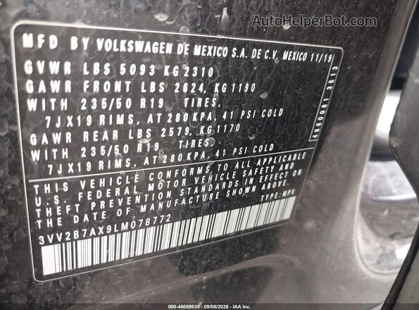 3VV2B7AX9LM078772 2020 VOLKSWAGEN TIGUAN Black Շարժիչի բաժամունքի տեսք
