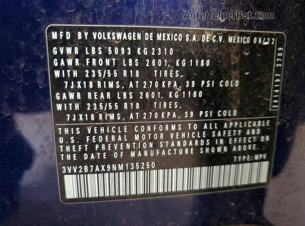3VV2B7AX9NM135250 2022 VOLKSWAGEN TIGUAN Blue Սալոնի 360 աստիճան տեսք