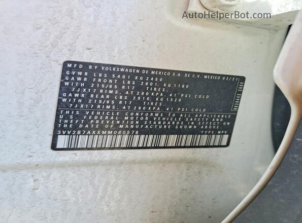 3VV2B7AXXMM080578 2021 VOLKSWAGEN TIGUAN White VIN կոդի պիտակի տեսք