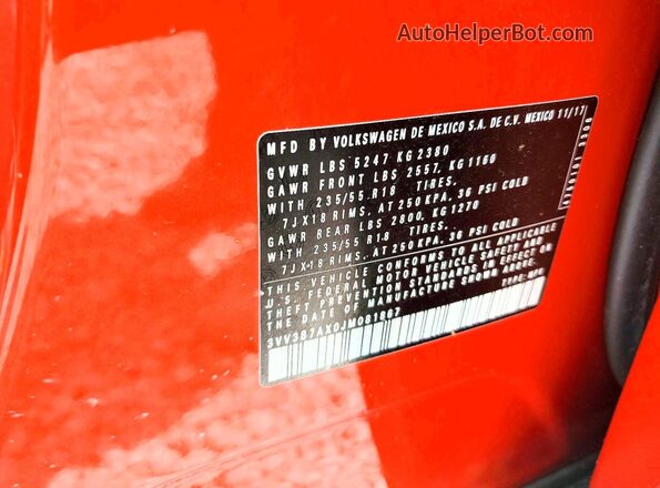 3VV3B7AX0JM081867 2018 VOLKSWAGEN TIGUAN Orange Widok naklejki z numerem VIN