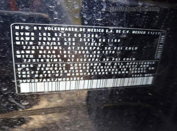 3VV3B7AX1JM083854 2018 VOLKSWAGEN TIGUAN Черный Вид наклейки с VIN-кодом