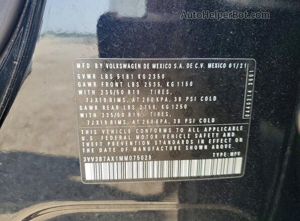 3VV3B7AX1MM075029 2021 VOLKSWAGEN TIGUAN Black VIN կոդի պիտակի տեսք
