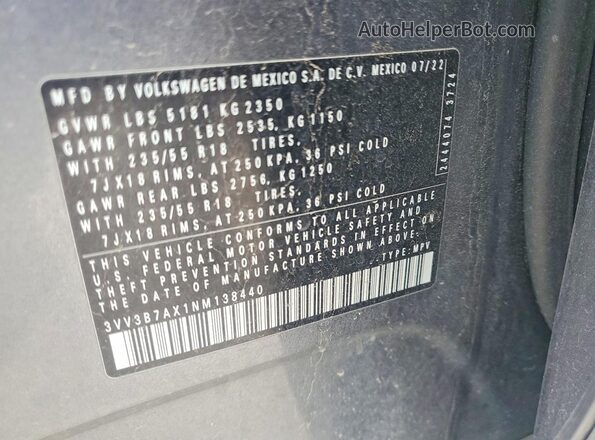 3VV3B7AX1NM138440 2022 VOLKSWAGEN TIGUAN Gold Widok naklejki z numerem VIN
