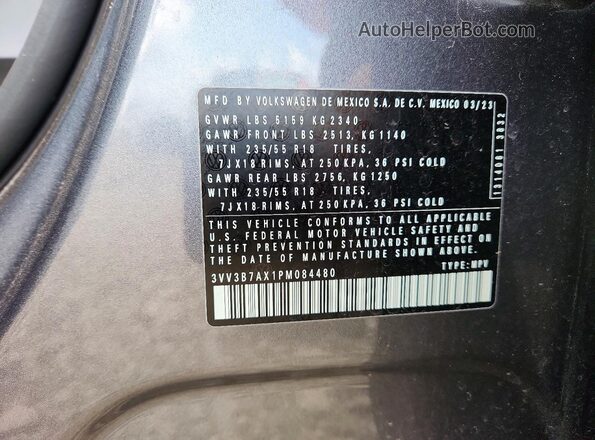 3VV3B7AX1PM084480 2023 VOLKSWAGEN TIGUAN Gray Вид наклейки з VIN-кодом