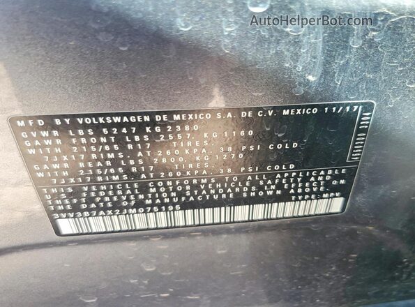 3VV3B7AX2JM075195 2018 VOLKSWAGEN TIGUAN Gray VIN կոդի պիտակի տեսք