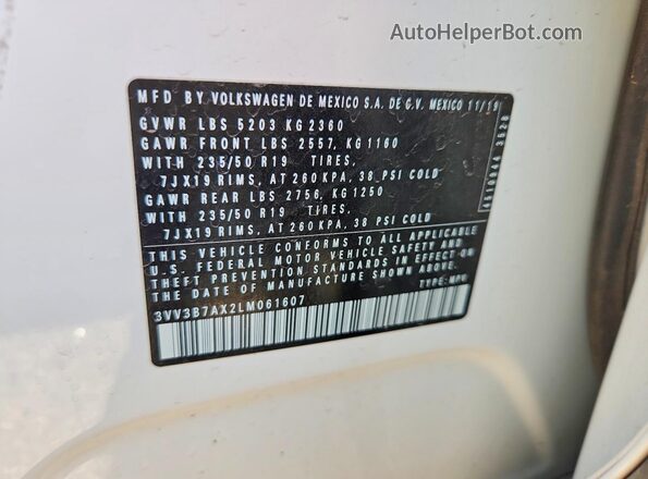 3VV3B7AX2LM061607 2020 VOLKSWAGEN TIGUAN White ძრავის განყოფილების ხედი