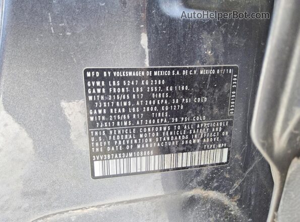 3VV3B7AX3JM108866 2018 VOLKSWAGEN TIGUAN Gray წინა ხედი