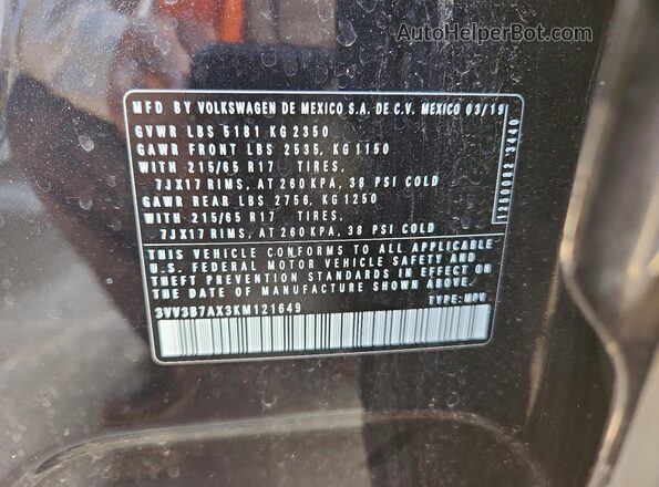 3VV3B7AX3KM121649 2019 VOLKSWAGEN TIGUAN Черный Вид наклейки с VIN-кодом