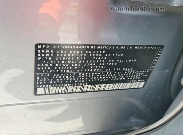 3VV3B7AX3MM122674 2021 VOLKSWAGEN TIGUAN Silver Vista de la etiqueta del VIN