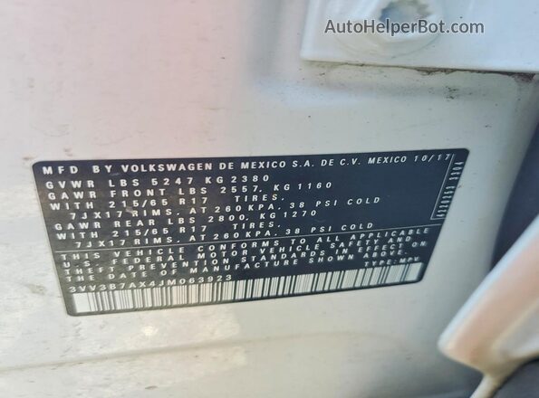 3VV3B7AX4JM063923 2018 VOLKSWAGEN TIGUAN White Вид наклейки з VIN-кодом