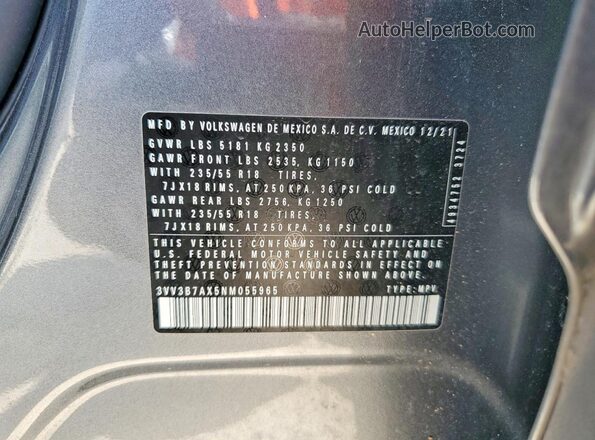 3VV3B7AX5NM055965 2022 VOLKSWAGEN TIGUAN Gray VIN կոդի պիտակի տեսք