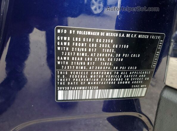 3VV3B7AX6MM018289 2021 VOLKSWAGEN TIGUAN Blue 360 interior view