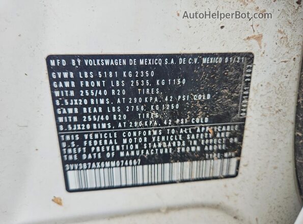 3VV3B7AX6MM074667 2021 VOLKSWAGEN TIGUAN White VIN կոդի պիտակի տեսք