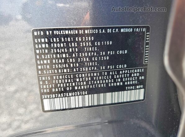 3VV3B7AX7KM025104 2019 VOLKSWAGEN TIGUAN Gray Vista de la etiqueta del VIN