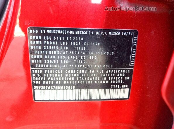 3VV3B7AX7NM033658 2022 VOLKSWAGEN TIGUAN Red VIN կոդի պիտակի տեսք