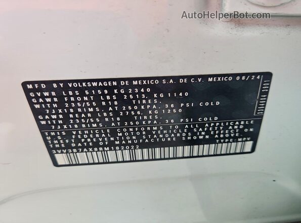 3VV3B7AX8RM182022 2024 VOLKSWAGEN TIGUAN White Vista de la etiqueta del VIN