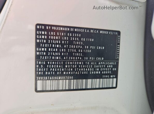 3VV3B7AX9KM097096 2019 VOLKSWAGEN TIGUAN White VIN კოდის სტიკერის ხედი