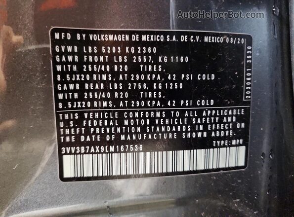 3VV3B7AX9LM167536 2020 VOLKSWAGEN TIGUAN Gray Widok naklejki z numerem VIN