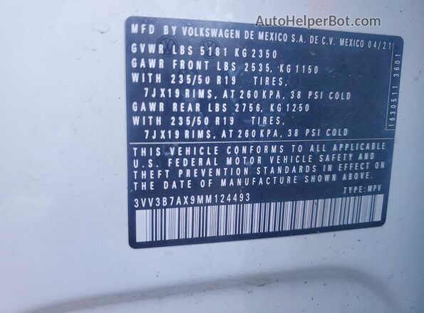 3VV3B7AX9MM124493 2021 VOLKSWAGEN TIGUAN White VIN sticker view