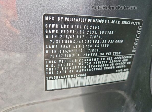 3VV3B7AXXMM134689 2021 VOLKSWAGEN TIGUAN Gray Սալոնի 360 աստիճան տեսք