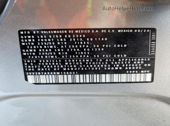 3VV3B7AXXRM136031 2024 VOLKSWAGEN TIGUAN Gray Widok naklejki z numerem VIN