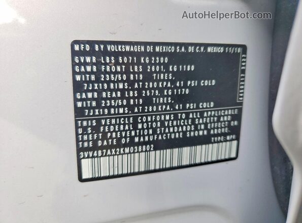 3VV4B7AX2KM038802 2019 VOLKSWAGEN TIGUAN Gray Widok naklejki z numerem VIN