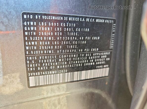3VV4B7AX3NM012620 2022 VOLKSWAGEN TIGUAN Silver Vista de la etiqueta del VIN