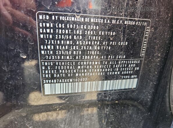 3VV4B7AX4KM102077 2019 VOLKSWAGEN TIGUAN Black Շարժիչի բաժամունքի տեսք