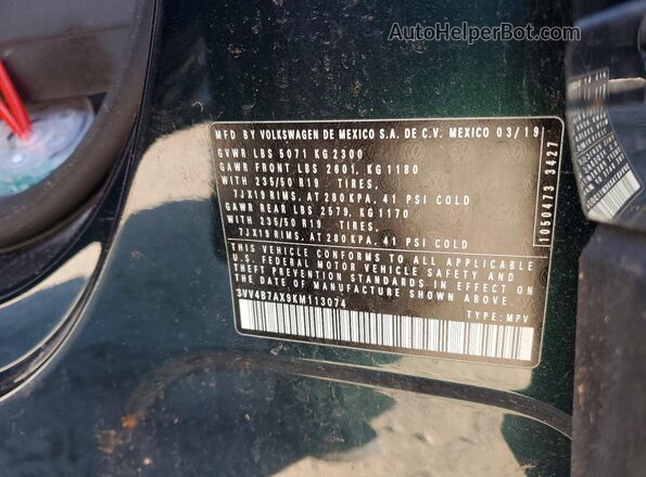 3VV4B7AX9KM113074 2019 VOLKSWAGEN TIGUAN Green VIN կոդի պիտակի տեսք