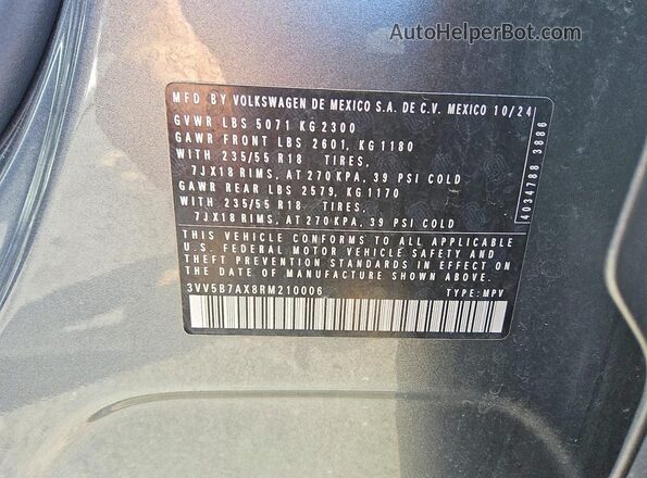 3VV5B7AX8RM210006 2024 VOLKSWAGEN TIGUAN Gray VIN sticker view
