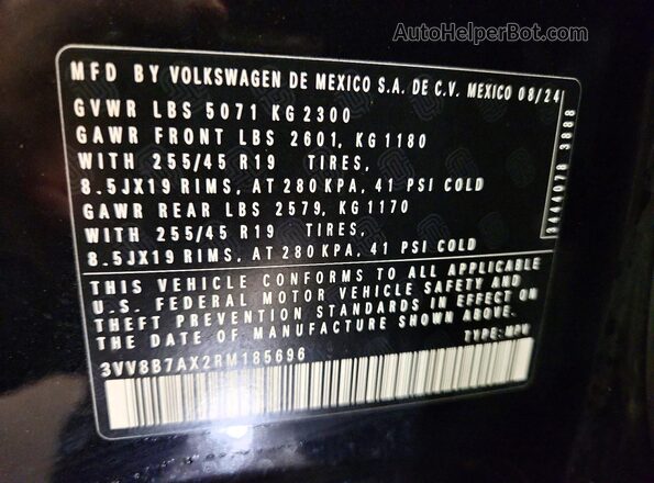 3VV8B7AX2RM185696 2024 VOLKSWAGEN TIGUAN Black VIN კოდის სტიკერის ხედი