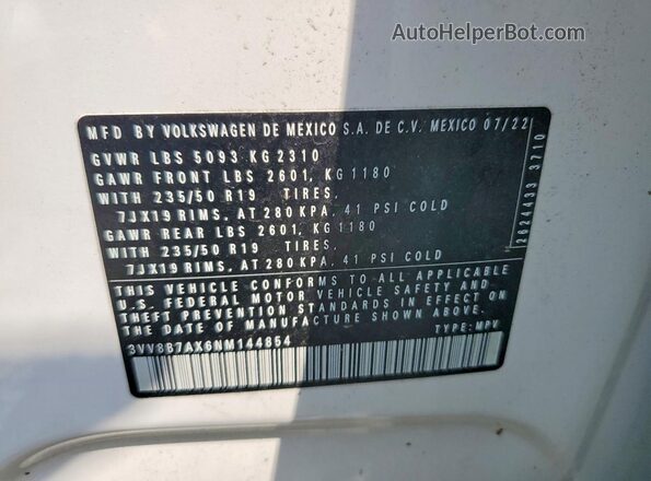 3VV8B7AX6NM144854 2022 VOLKSWAGEN TIGUAN Белый Вид наклейки с VIN-кодом