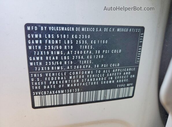 3VVCB7AX4NM138139 2022 VOLKSWAGEN TIGUAN White Вид наклейки з VIN-кодом