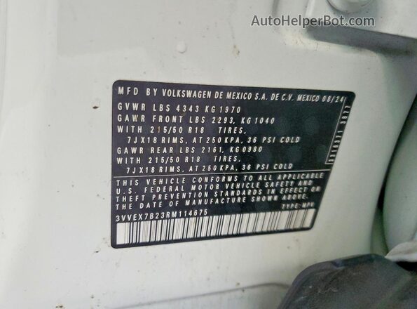 3VVEX7B23RM114675 2024 VOLKSWAGEN TAOS White Widok naklejki z numerem VIN