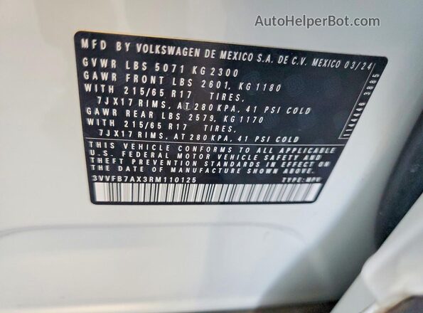 3VVFB7AX3RM110125 2024 VOLKSWAGEN TIGUAN White VIN კოდის სტიკერის ხედი