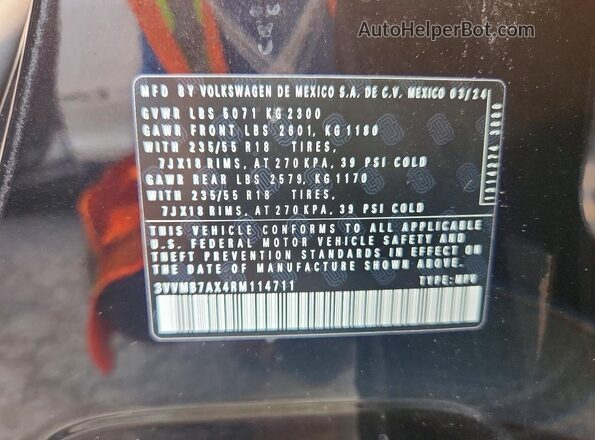 3VVMB7AX4RM114711 2024 VOLKSWAGEN TIGUAN Черный Вид наклейки с VIN-кодом