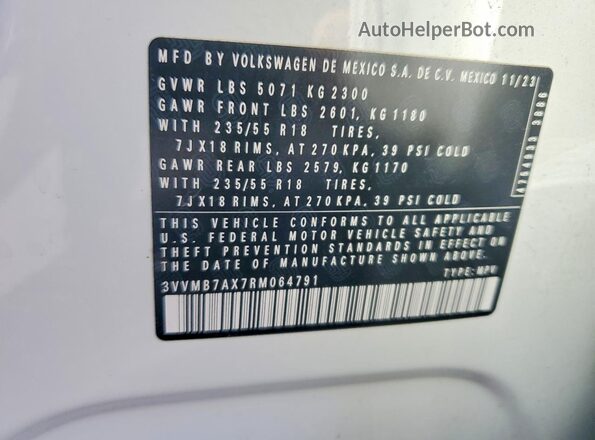 3VVMB7AX7RM064791 2024 VOLKSWAGEN TIGUAN Белый Вид наклейки с VIN-кодом