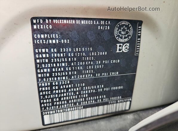 3VVMR7RM7SM009284 2025 VOLKSWAGEN TIGUAN Бежевый Вид наклейки с VIN-кодом