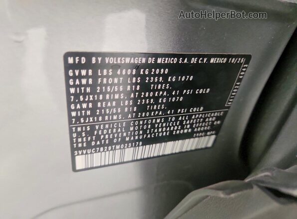 3VVUC7B29TM023179 2026 VOLKSWAGEN TAOS Silver VIN sticker view