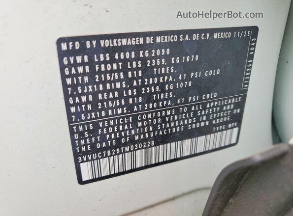3VVUC7B29TM030228 2026 VOLKSWAGEN TAOS White VIN კოდის სტიკერის ხედი