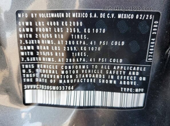 3VVVC7B20SM033764 2025 VOLKSWAGEN TAOS Gray Widok naklejki z numerem VIN