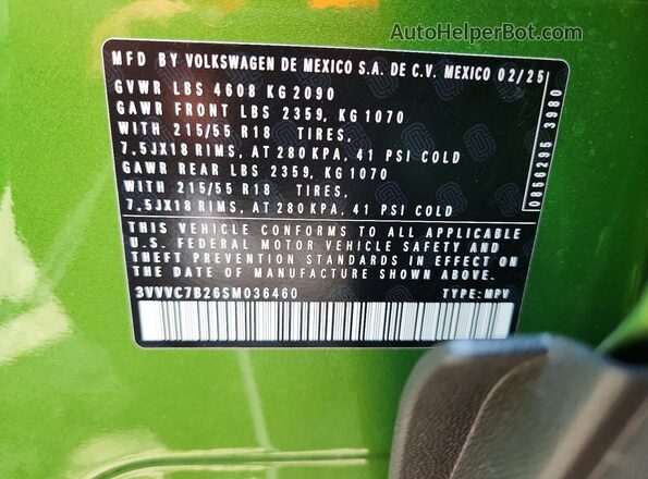 3VVVC7B26SM036460 2025 VOLKSWAGEN TAOS Green VIN կոդի պիտակի տեսք