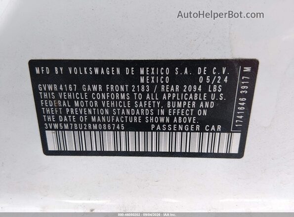 3VW5M7BU2RM086745 2024 VOLKSWAGEN JETTA White Вид підкапотного простору