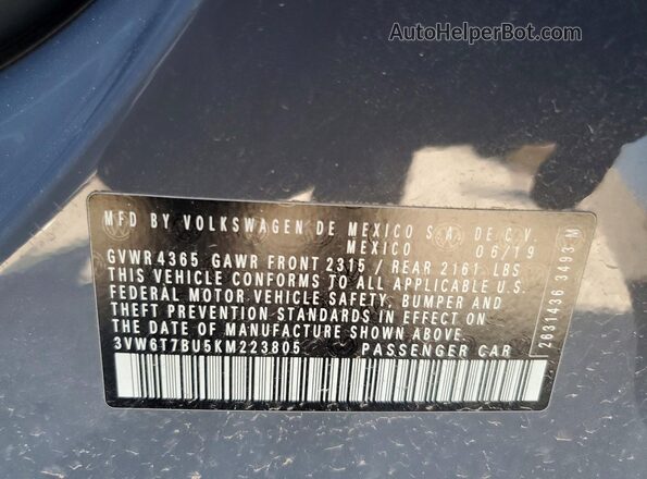 3VW6T7BU5KM223805 2019 VOLKSWAGEN JETTA Серый Вид наклейки с VIN-кодом