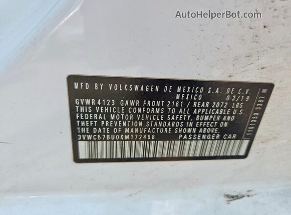 3VWC57BU0KM172498 2019 VOLKSWAGEN JETTA Белый Вид подкапотного пространства