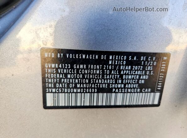 3VWC57BU0MM026699 2021 VOLKSWAGEN JETTA Silver VIN კოდის სტიკერის ხედი